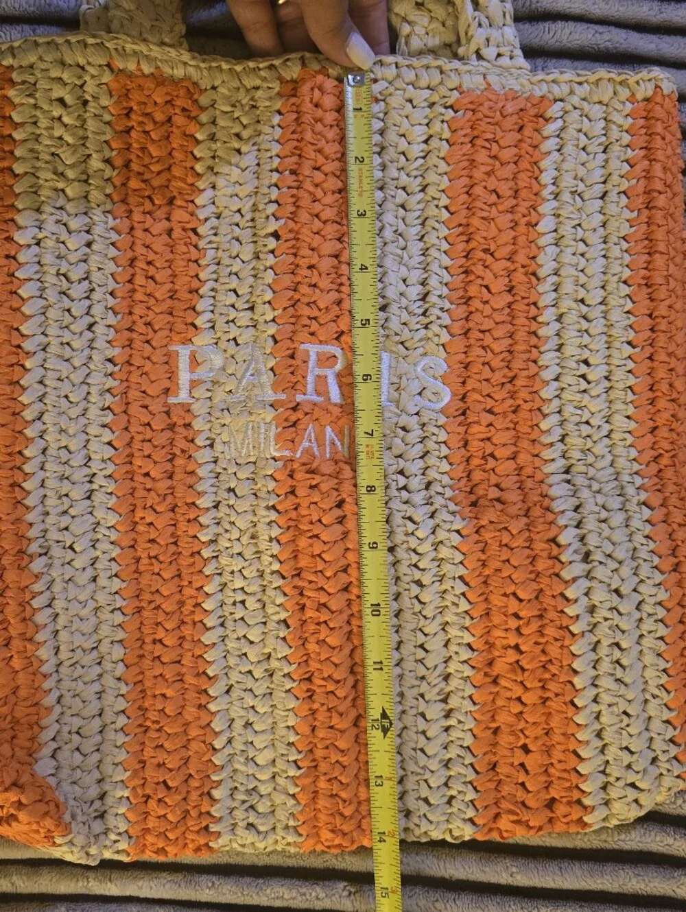 Striped Straw Crochet Tote Bag in Orange and Beige 